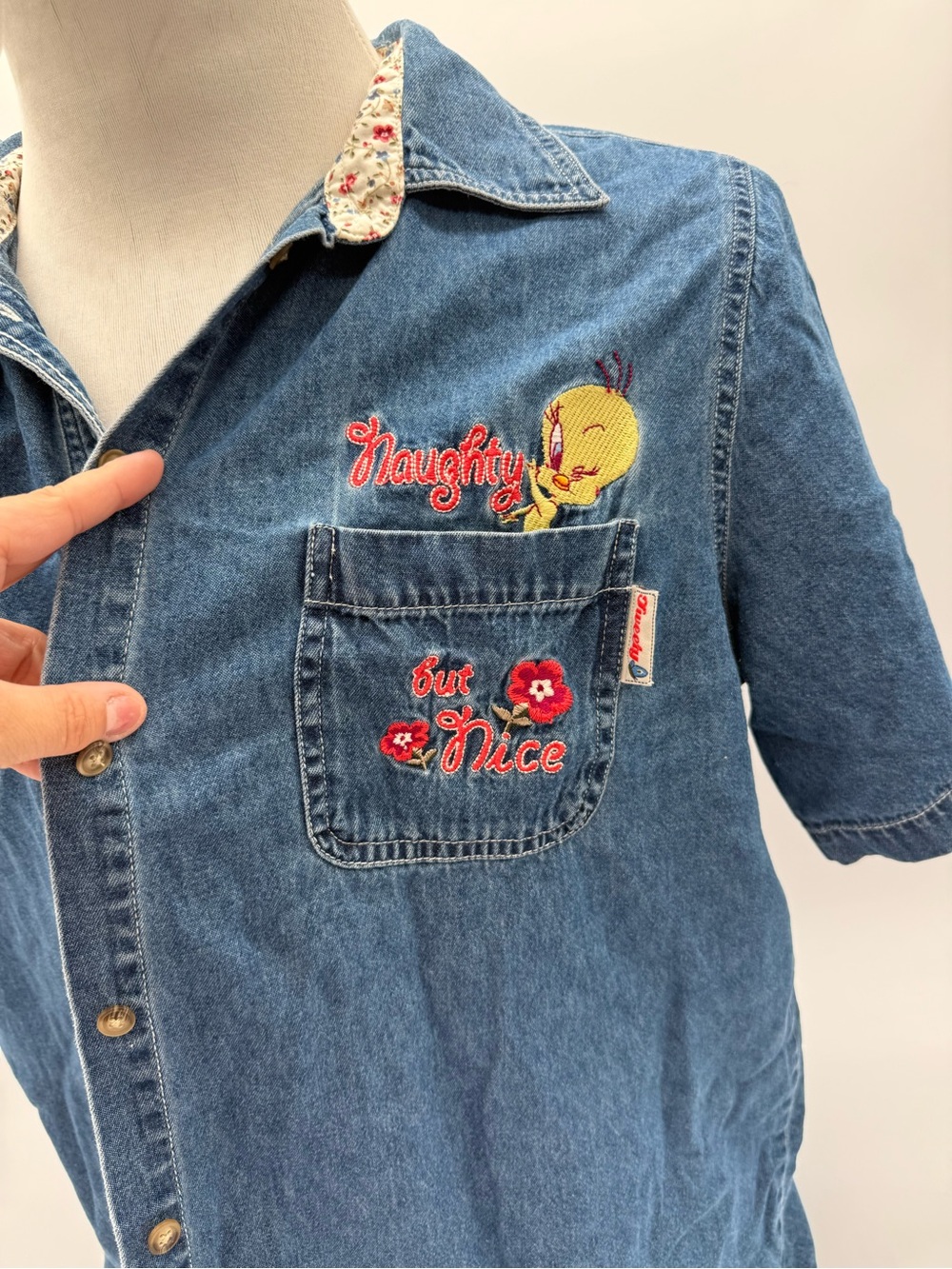 Vintage Y2K Looney Tunes Tweety Bird Denim Shirt Embroidered Naughty Nice 90s 2X - Picture 5 of 16